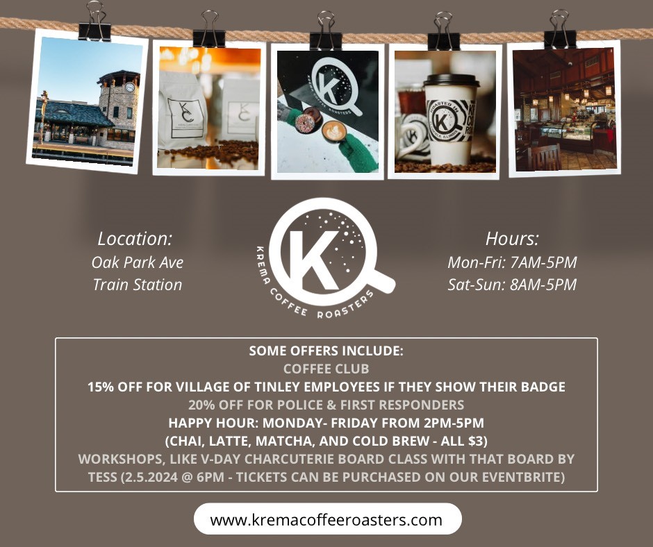 Krema Coffee House Tinley Park rewards and daily specials.